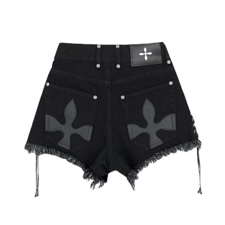 Denim Shorts Jeans Shorts Strap Frayed Cross Flower Pattern Sweet Cool Dark Style Denim Shorts For Women Summer Plus Size Fat Hot Pants Ripped Short J