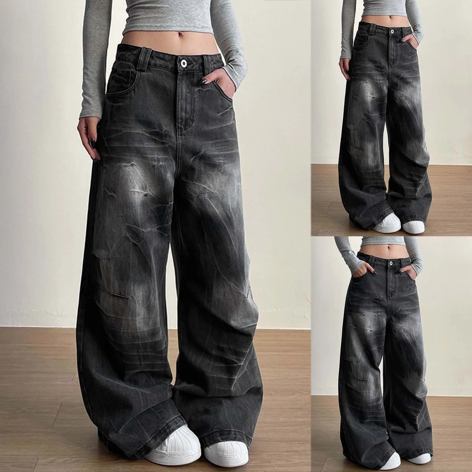 Women Vintage Straight Wide Leg Jeans Retro Wash Black Loose Street Pants With Pockets Jean Pants For Women Harajuku Streetwear 250527