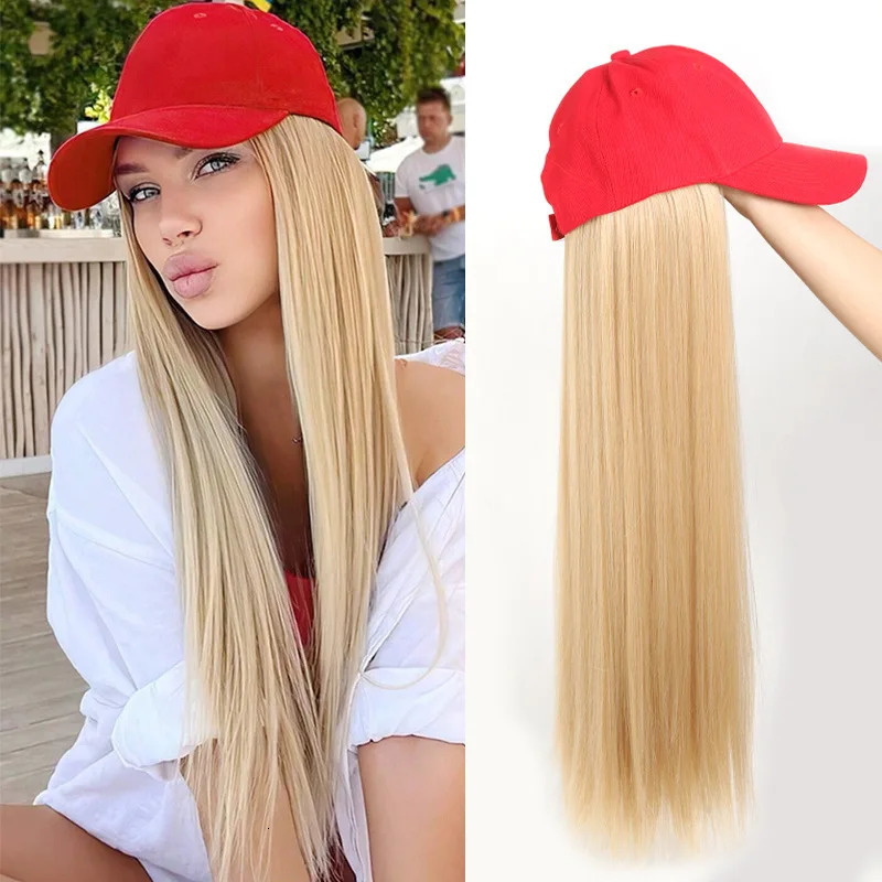 Baseball Cap with Hair Extensions Synthetic 22inch Straight Hairstyle Adjustable Wig Hat Attached Hairpiece for Woman Girl 250530