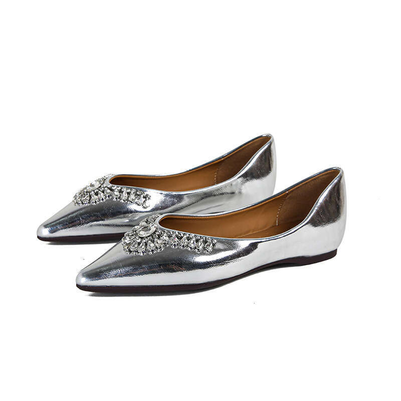 Pointed Toe Silver Shallow Mouth Flat Shoes for Women 2024 New Spring Large Size Elegant Soft Sole Rhinestone Loafers