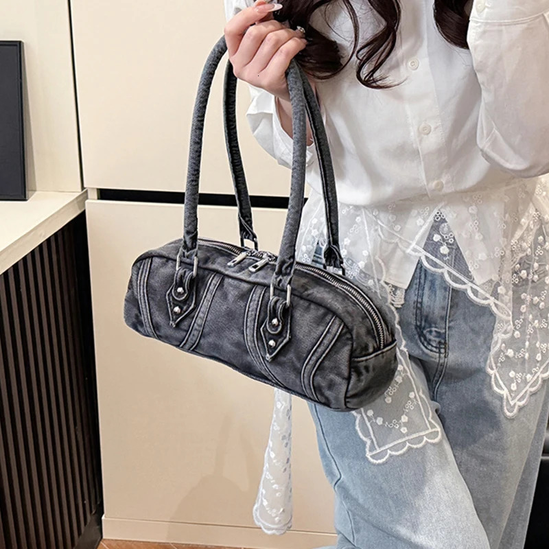 Denim Shoulder Bag Summer Fashion Korean Version Advanced Motorcycle Commuting Versatile Underarm Cylinder Bowling Bag 250530