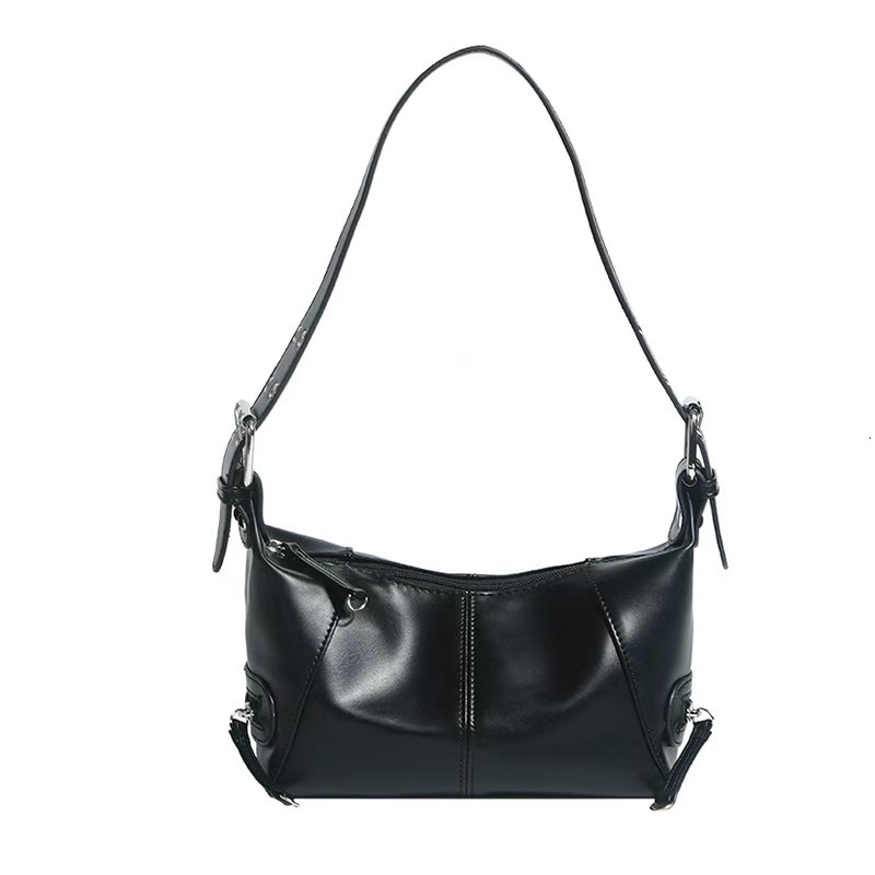 designer 2025 Women's Black and White Underarm Bag European and American Fashion Retro Motorcycle Bag Leather Large Capacity Solid Color Shoulder