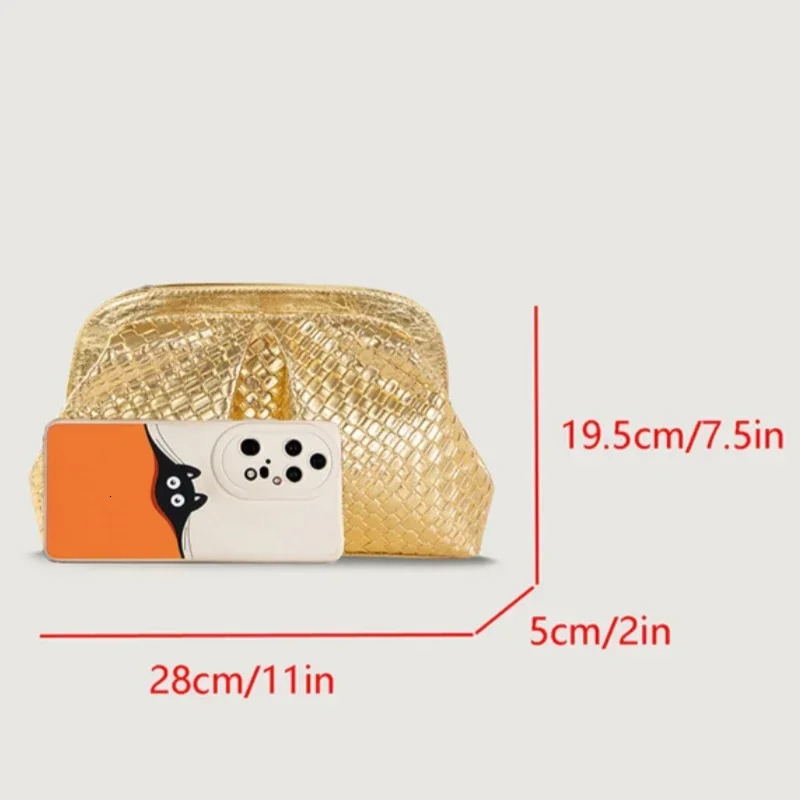 Meet You Autumn Gold Clutch Bag Pleated Plaid Woven Evening Bag Wedding Party Christmas Shoulder Bag Female 250528