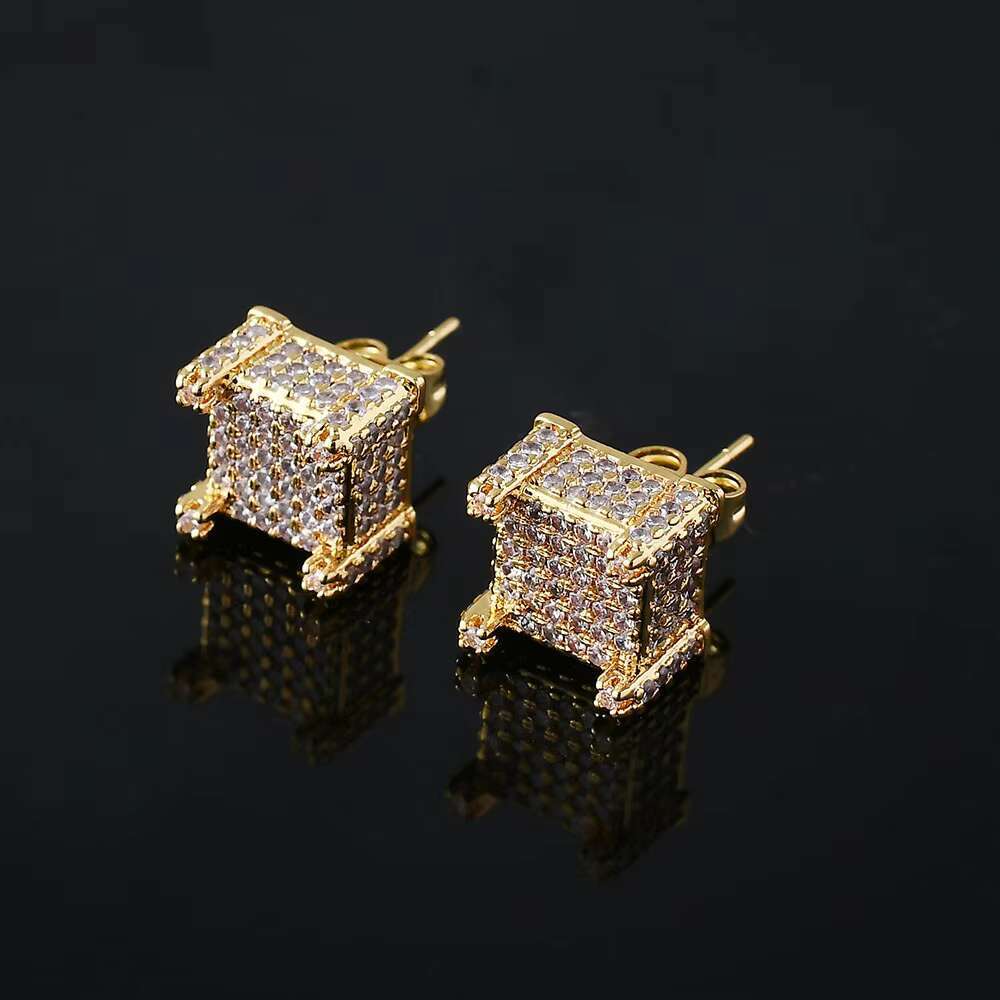 E004 Gold Plated Hip Hop CZ Stud Earrings Brass Setting Charm Style for Anniversary Occasions