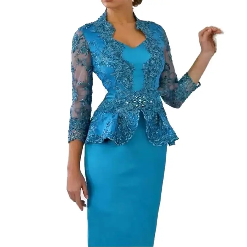 2025 New Blue Short Mother of the Bride Dresses Sheath Lace Long Sleeves V Neck Peplum Satin Mom Wedding Guest Formal Party Gowns Robe De Soiree