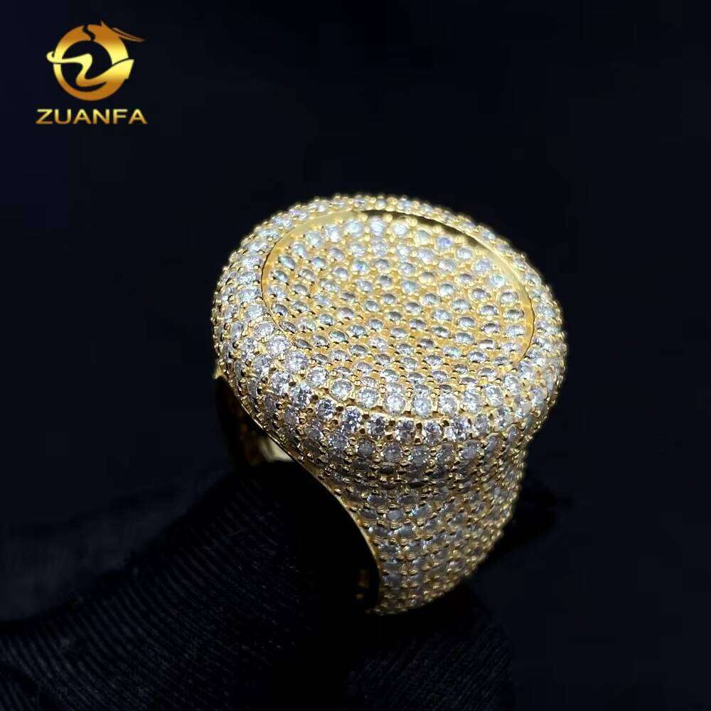 Iced Out Jewelry Round Sterling Silver Gold-Plated Hip-Hop Silicon Stone Diamond Ring