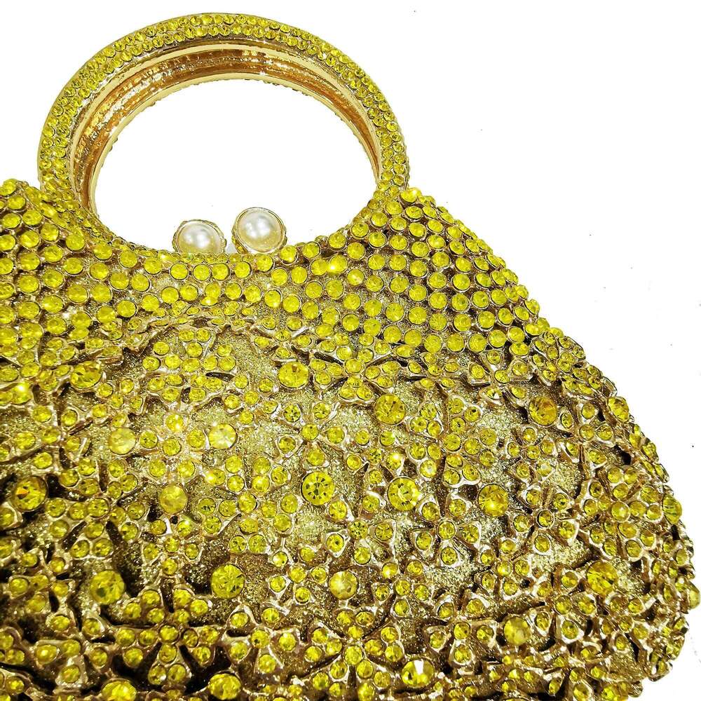 Designer Yellow Rhinestone Dia Evening Clutch Bag Gold Metal Handbags Crystal Long Chain Minaudiere Top-Handle Bags