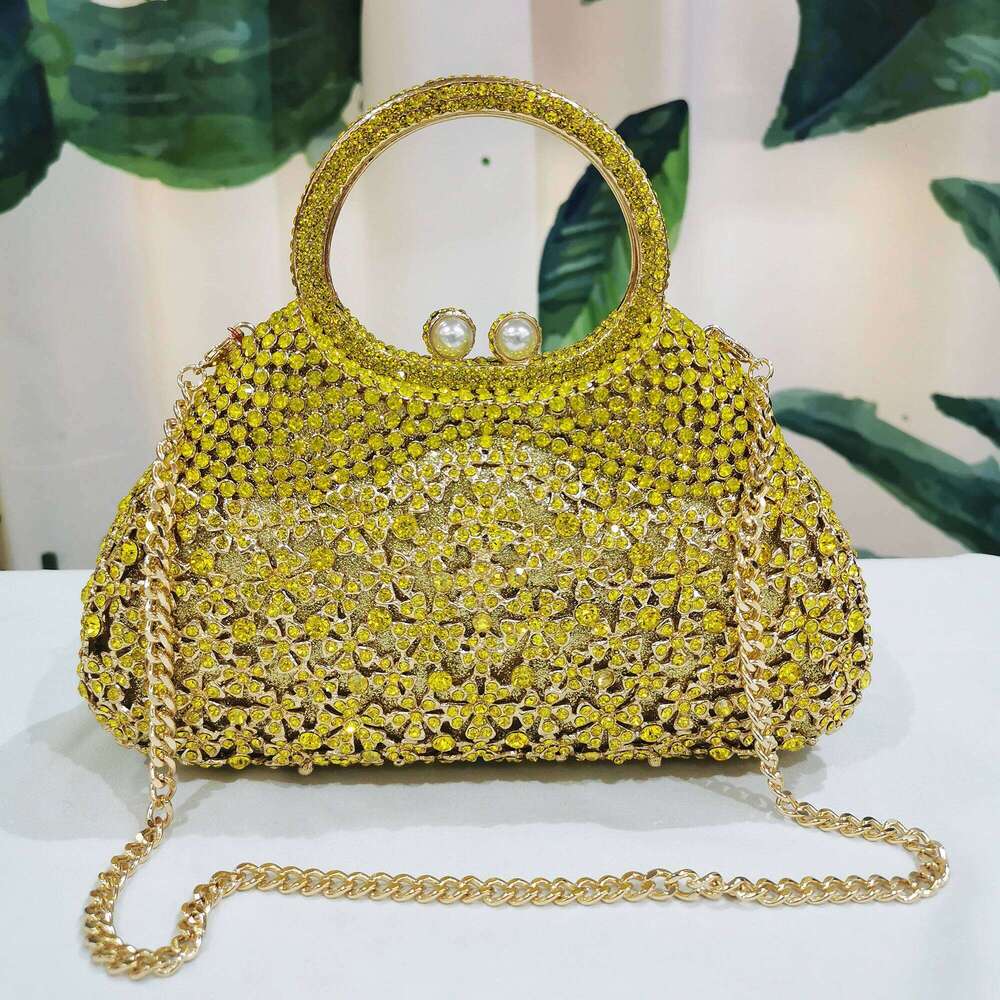 Designer Yellow Rhinestone Dia Evening Clutch Bag Gold Metal Handbags Crystal Long Chain Minaudiere Top-Handle Bags
