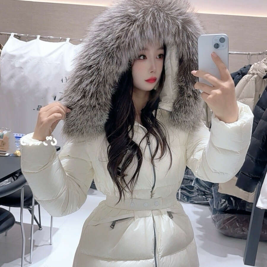 2024 New Slim Fit Versatile Goose with Fur Collar, Silver Fox Waist-Cinching Stylish Petite Coat Down Jacket