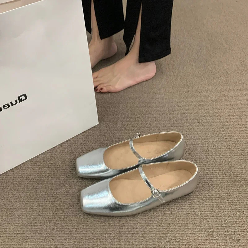 Silvery Women Square Toe Mary Jane Shoes Casual Outdoor Soft Sole Flat Spring Autumn Wedding Party Shoes 250528