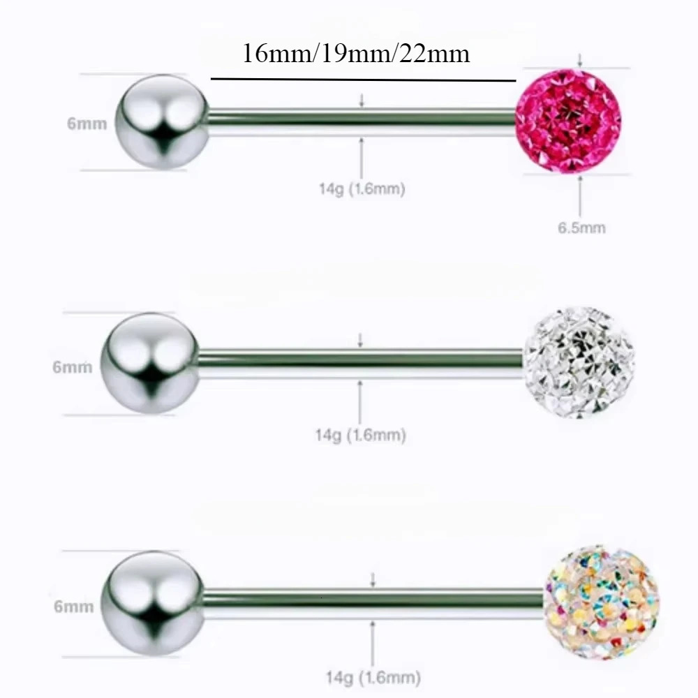 6X 14g Mixed Type Crystal 16/19/22mm Tongue Bar Barbell Steel 6mm Ball Nipple Ring Body Piercing Jewellery Set 250526