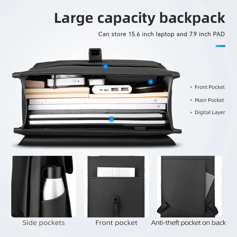 Mark Ryden Business Black Leather Backpack student book bag 15.6 Inch Fashion Backpack to men 250530