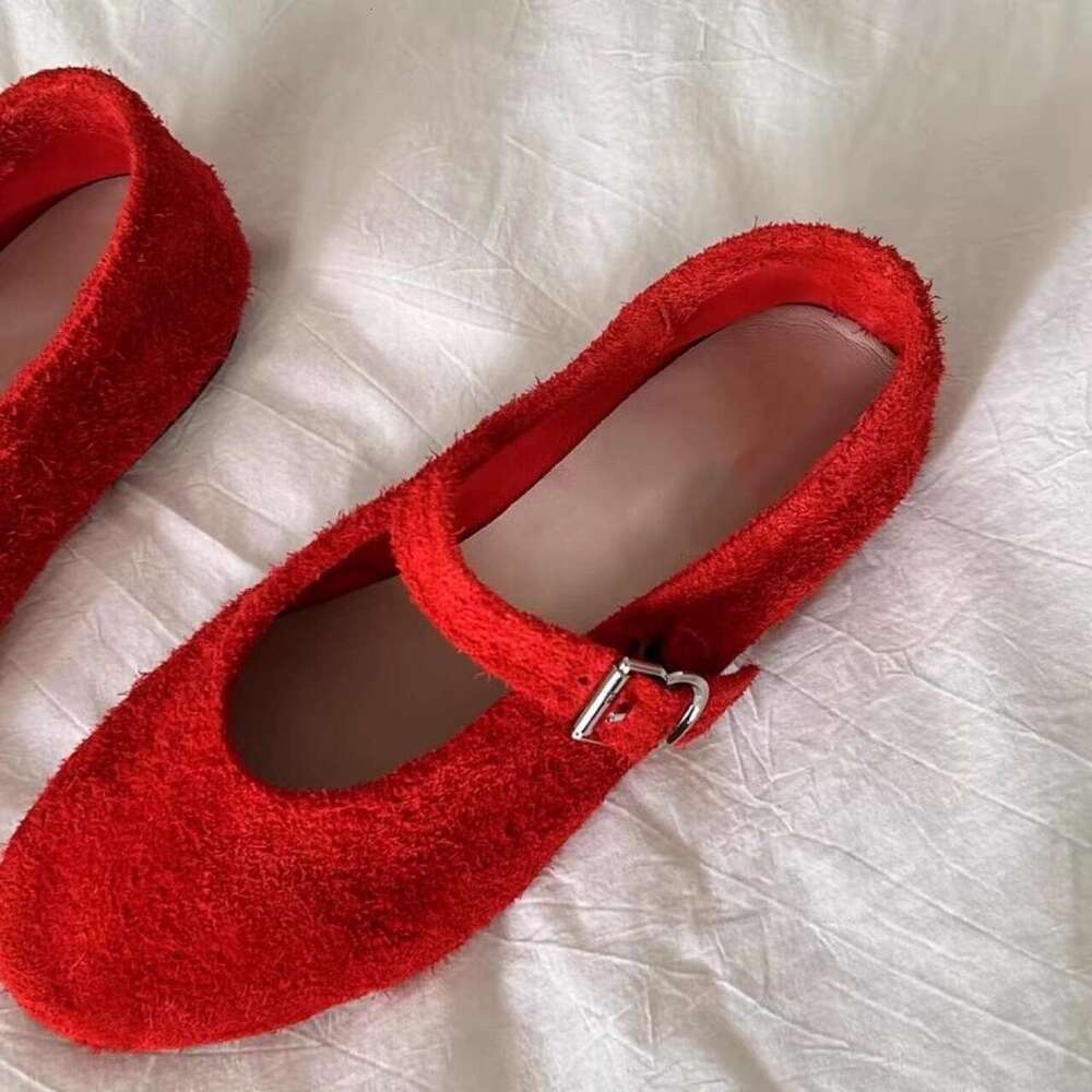 ~Cowhide Velvet Mary Jane Ballet for Women, Flat Shallow Mouth Single Shoes, Red Bowknot Furry Shoes