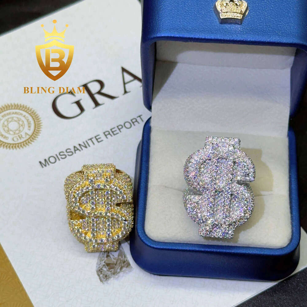 Fashion Mens Full Pave Hip Hop Iced Out USD Sterling Sier Rings Vvs Moissanite Dia Cuban Ring