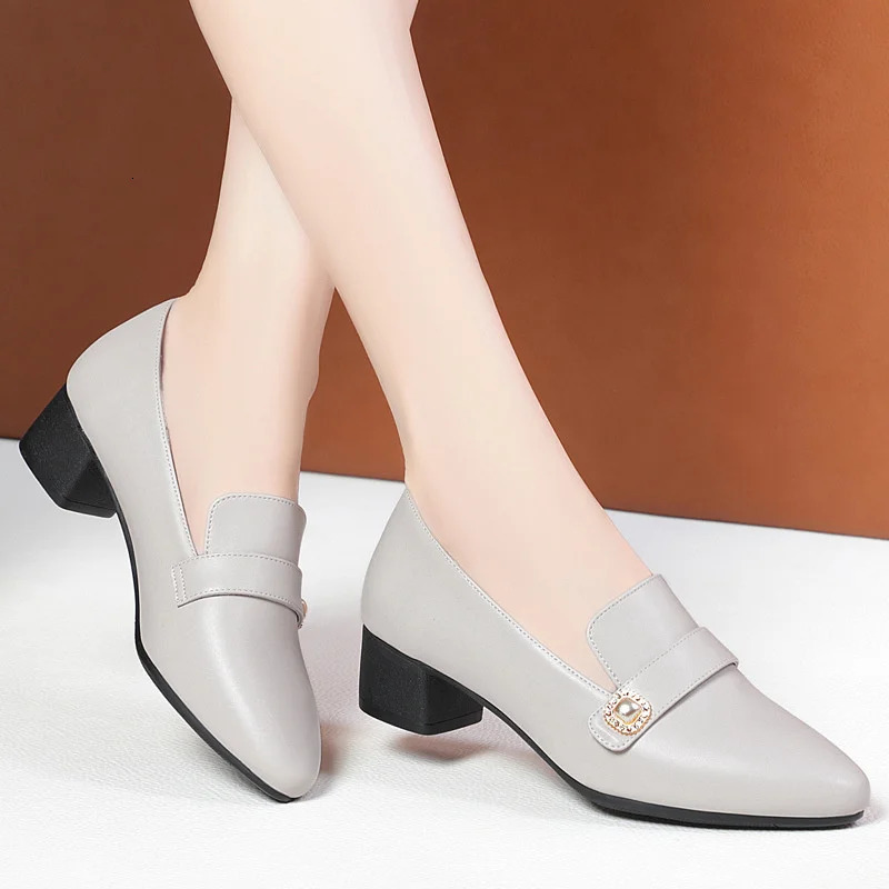 Comfort Women Pumps Point Toe Block Heels Concise Pearl Slip-On Mules Summer Soft Leather Soft Sole Casual Shoes 250528
