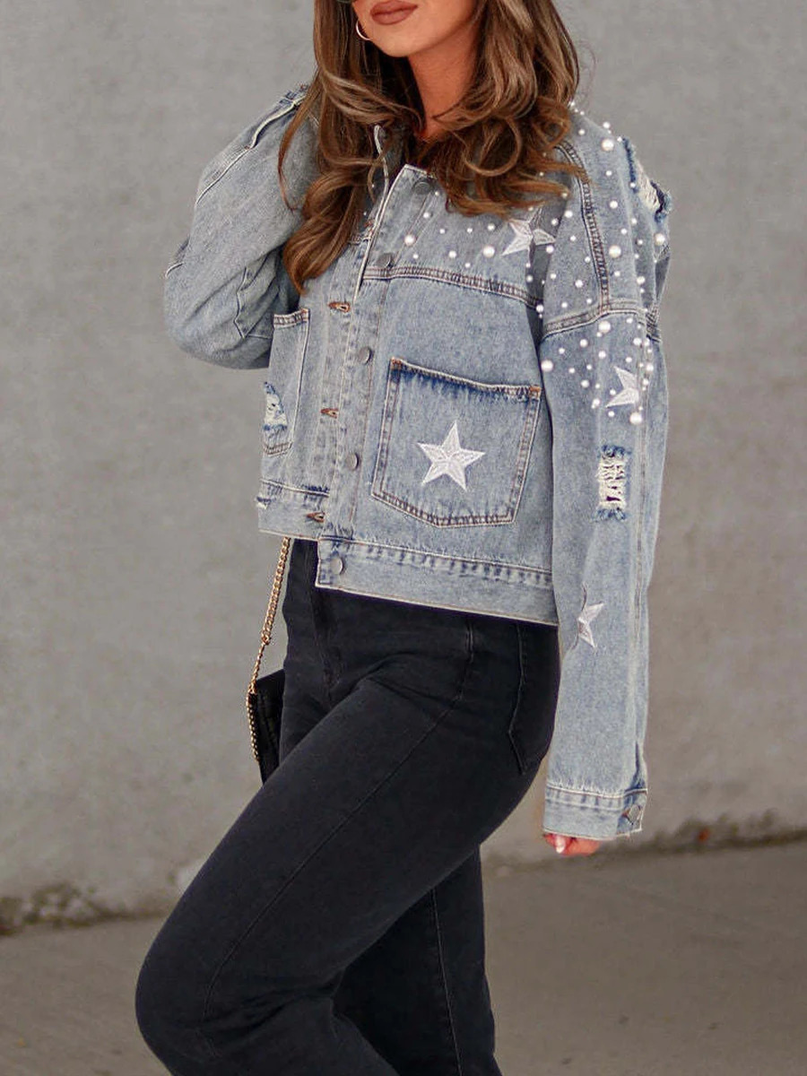 Women Fall Casual Denim Jacket Back Star Print Long Sleeve Turn-down Collar Button Pearls Coat Streetwear 250527