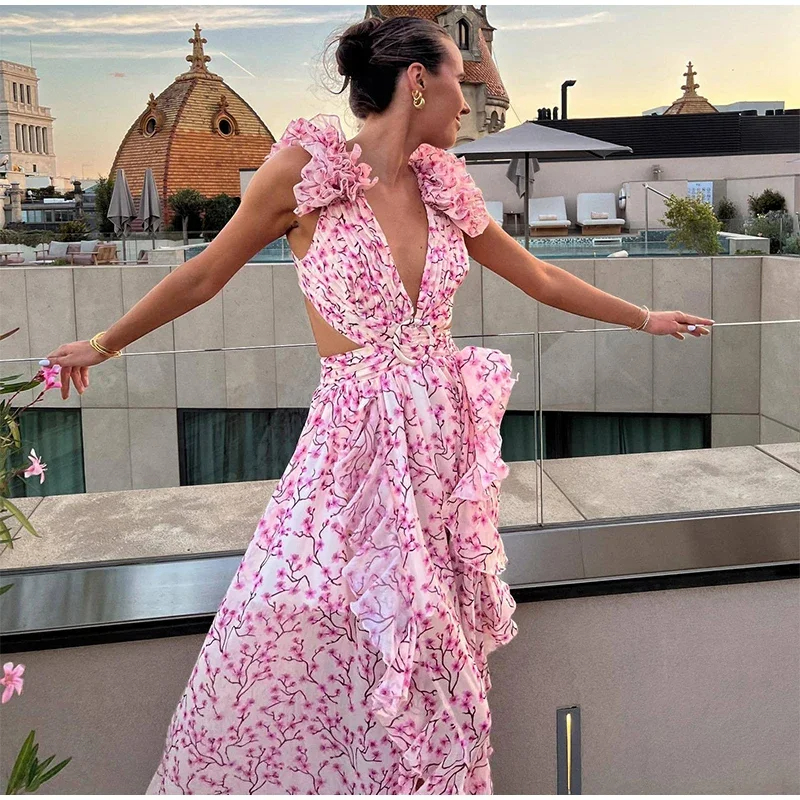 Basic Casual Dresses Summer Elegant Print Ruffles Hollow Out Long Dresses Women's Sexy Backless Sleeveless Lace-up High Waist Split Dress 2025 Ne
