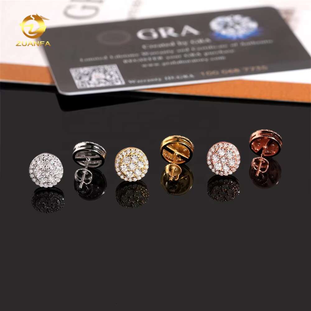 Fine Jewelry Fashion Hip Hop Round Iced Out Stud Moissanite Diamond Mens 925 Silver Earrings