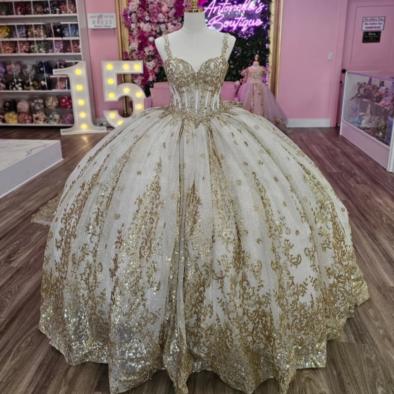 Champagne Quinceanera Dresses Ball Gown Off The Shoulder Applique Lace Beading Bow Tull Party Birthday Sweet 16 Dress Vestidos