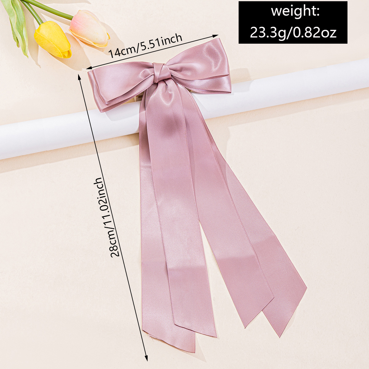 European American Best Selling Large Double Layered Satin Bow Hair Clip Solid Color Long Ribbon Back of Head Barrette