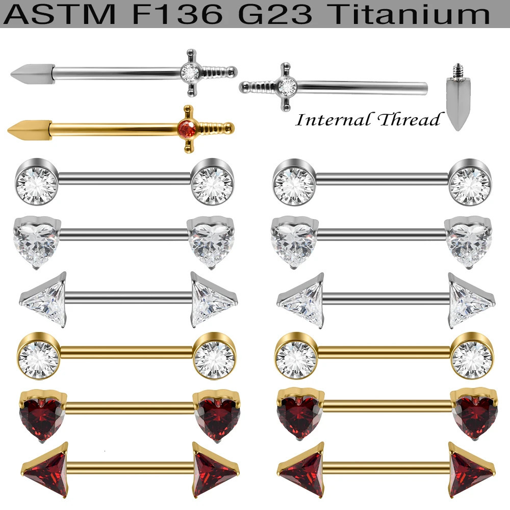 1/2/6PCS 36 Alloy Sword Nipple Barbell Ring Round Triangle Heart CZ Zirconia 14g Internal Threaded Nipple Stud 250526