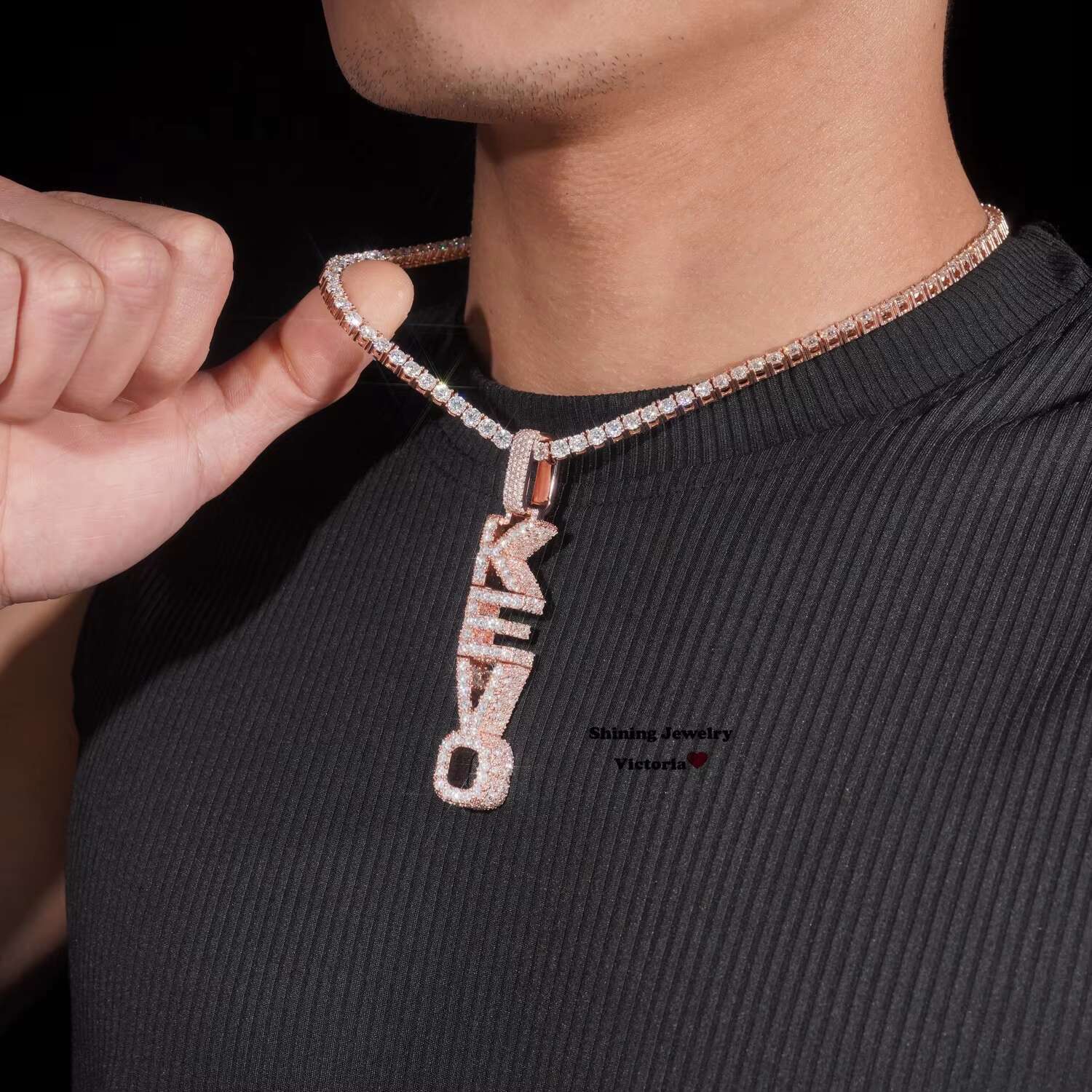 Custom Made 4 Letters Mosaic Setting Rose Gold Plated Moissanite Vertical Name Pendant With Tennis Chain 4MM