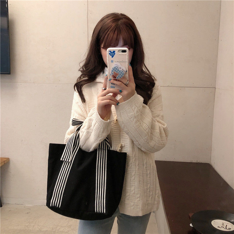 designer New Fashion Versatile Trendy Striped Bow Canvas Bag Retro Canvas Korean Style Women's Handbag Dark Style Tote Bag