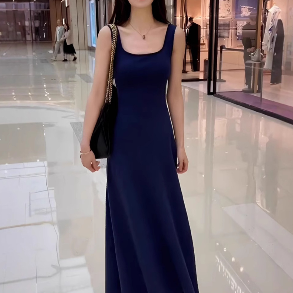 DR301 solid color waist backless long suspender dress for women in summer