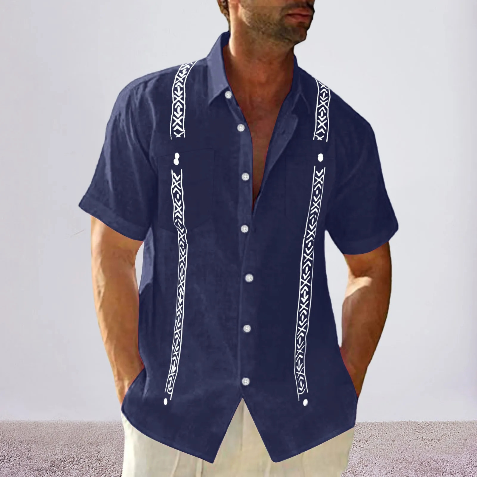Short Sleeve Mens Guayabera Cuban Shirt Top Button Up Beach Linen Shirt Top Pocket Casual Caribbean Shirt Summer Mexican Blouse 250530