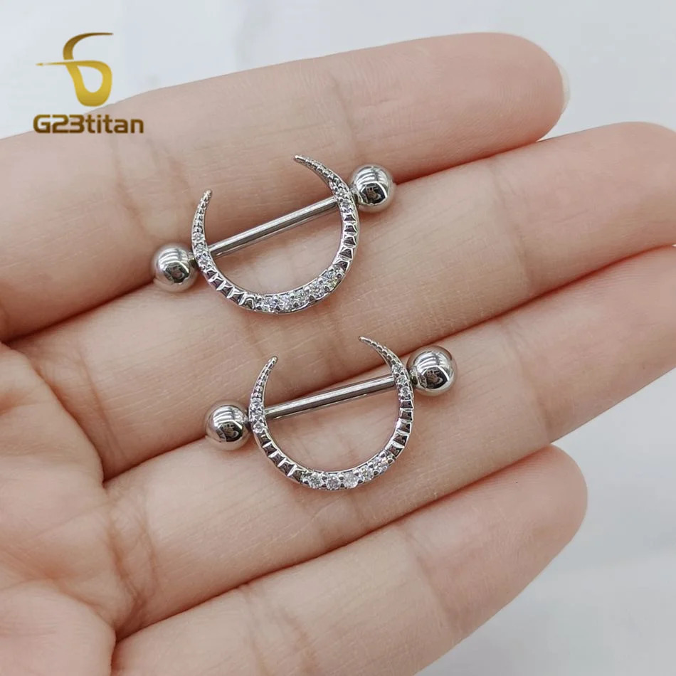 2pcs Micro Inlaid Zircon Moon Shaped Nipple Ring 14G 16mm Length Straight Steel Barbell Body Piercing Jewelry Adornment 250526