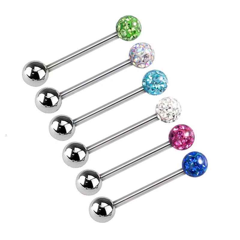 6X 14g Mixed Type Crystal 16/19/22mm Tongue Bar Barbell Steel 6mm Ball Nipple Ring Body Piercing Jewellery Set 250526