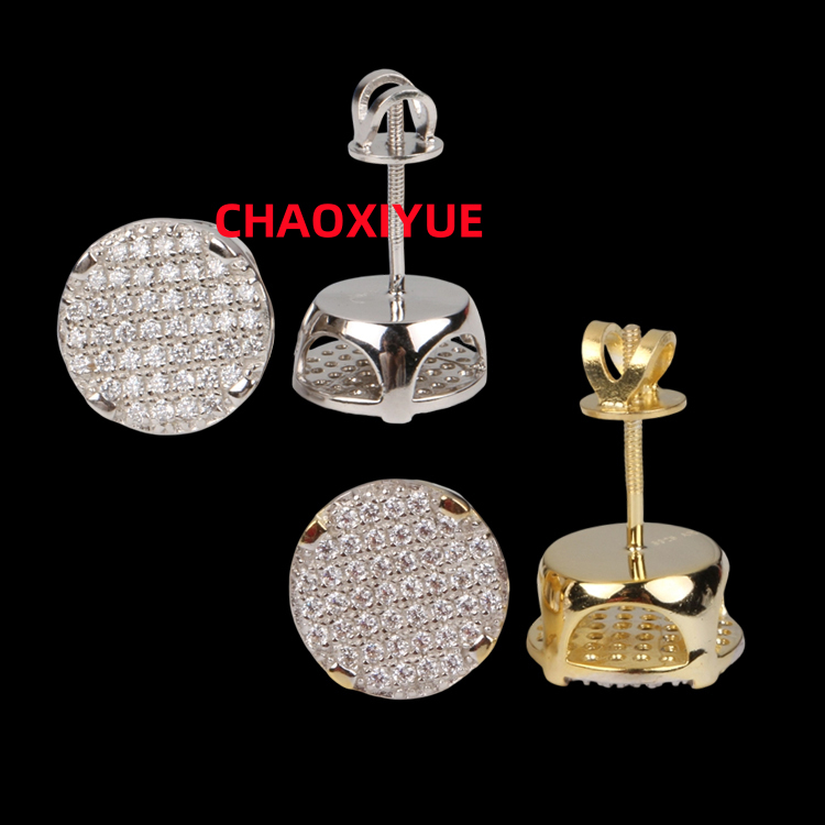 New Bling Gold Plated Moissanite Diamond Earring S925 Silver Round Stud Earrings Hip Hop CLuster Earring for Women Men