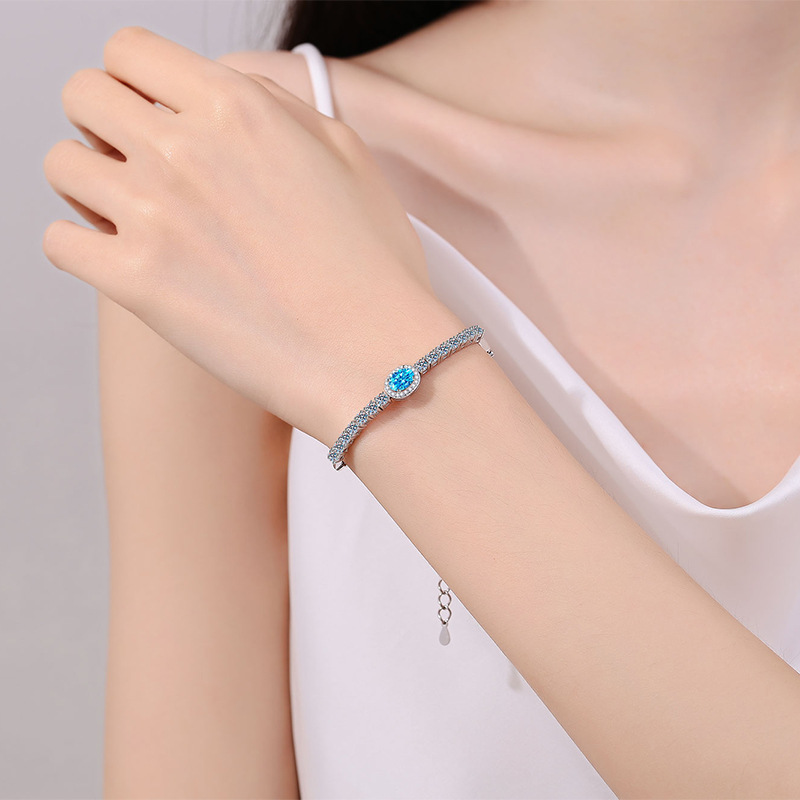 Handcrafted 925 Sterling Silver Blue Oval Moissanite Bracelet for Women, Platinum Plated, Adjustable Cuff Design, Elegant & Minimalist Gift