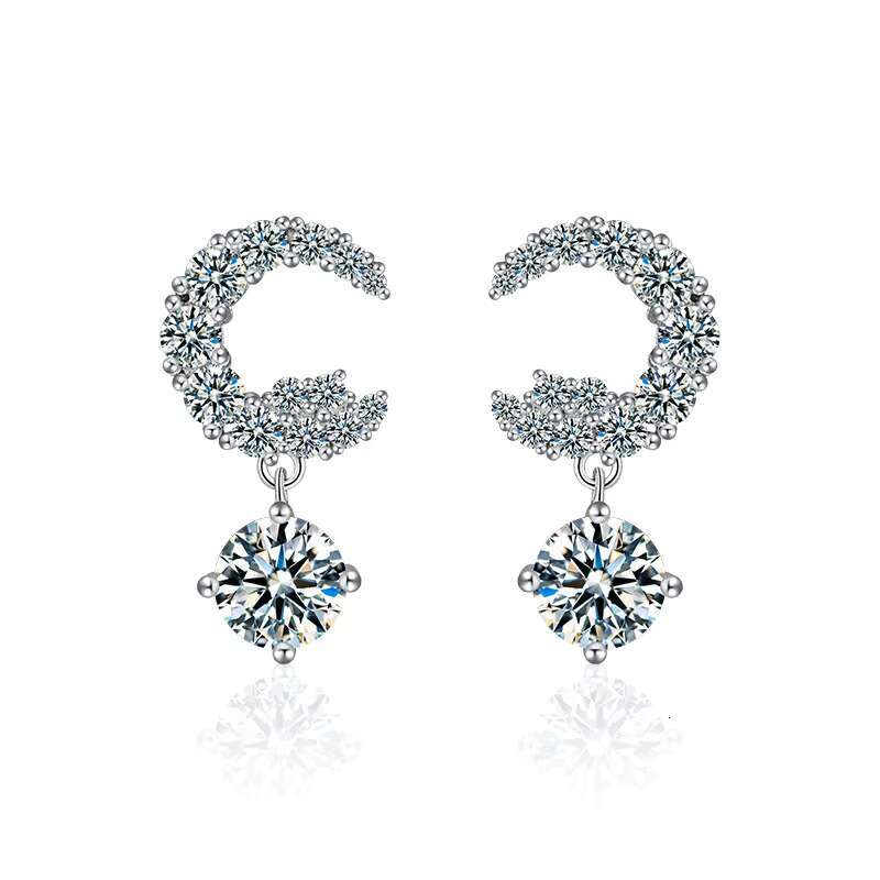 Fine Jewelry S925 Sterling Silver Inlay 1Ct Moissanite Drop Dangle Earrings Light Luxury Crescent Moon Stud Earrings