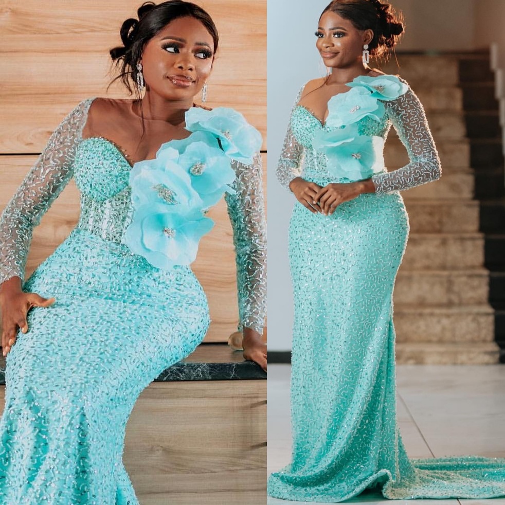Light Sky Blue Mermaid Prom Dresses 2025 Flowers Sequined Beaded Evening Formal Party Second Birthday Engagement Gowns Plus Size Dress For Special Occ