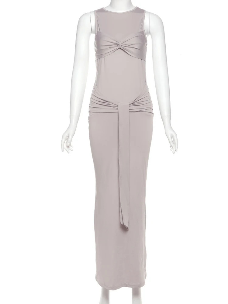 Weird Puss Ruched Knot Dress Women Chest Wrap Y2K Summer Long Ribbon Solid o-Neck Simple Streetwear Stretch Sleeveless Vestidos 250527