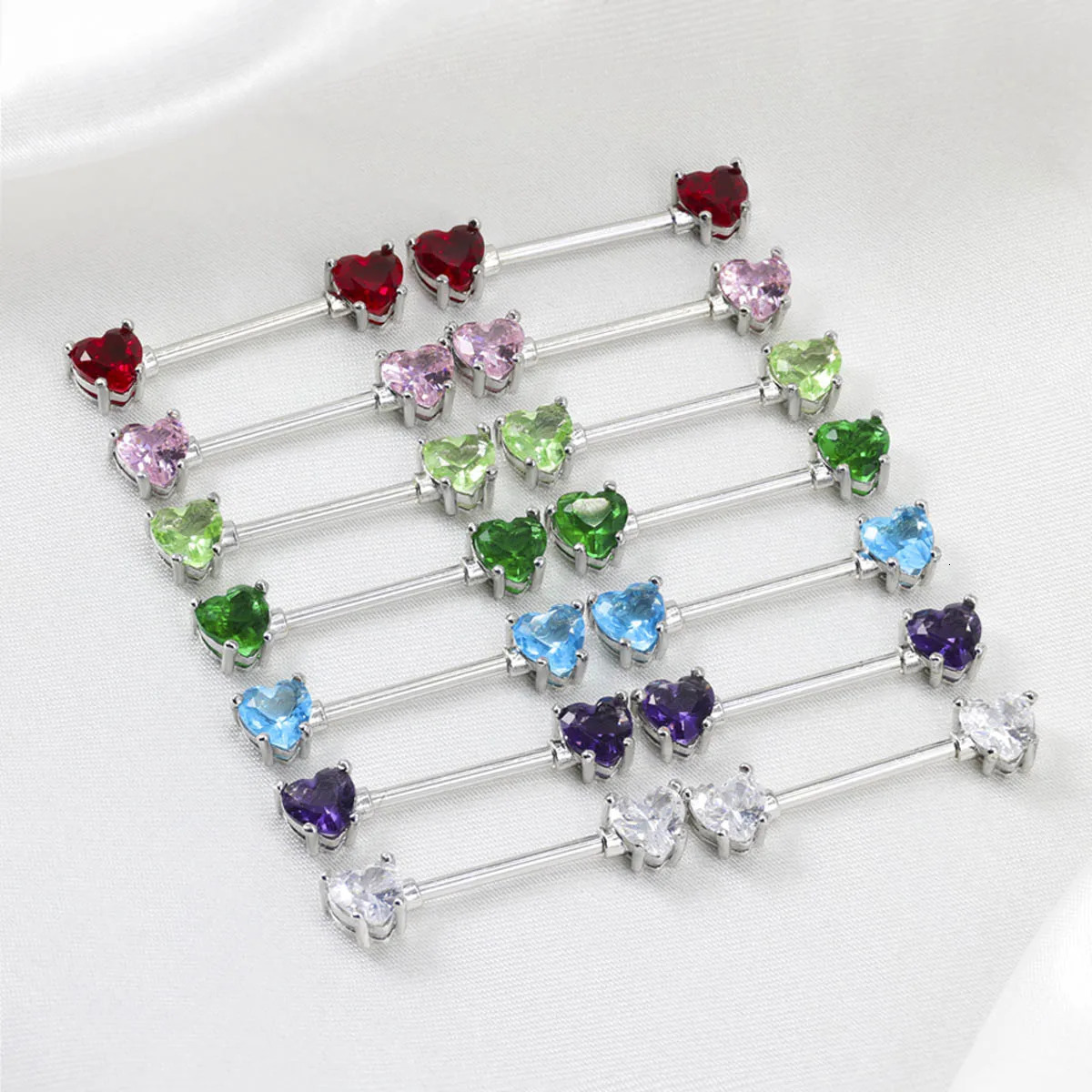 6 pcs colored heart-shaped cubic zirconia decorative nipple piercing ring jewelry stainless steel wearing rod for womens 250526