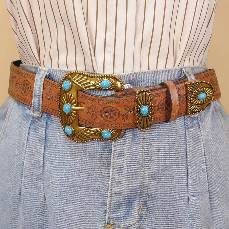 Royal Style Retro Emed Sapphire Inlaid Buckle Elegant Women's Belt Jeans Dress Fashionable Decoration
