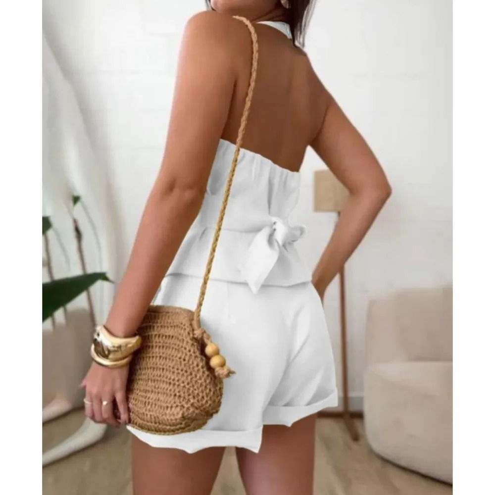 Two Piece Set Sleeveless Backless Blazer Shorts For Womens Summer Fashion V Neck Button Slimming Female Office Shorts Set 250527