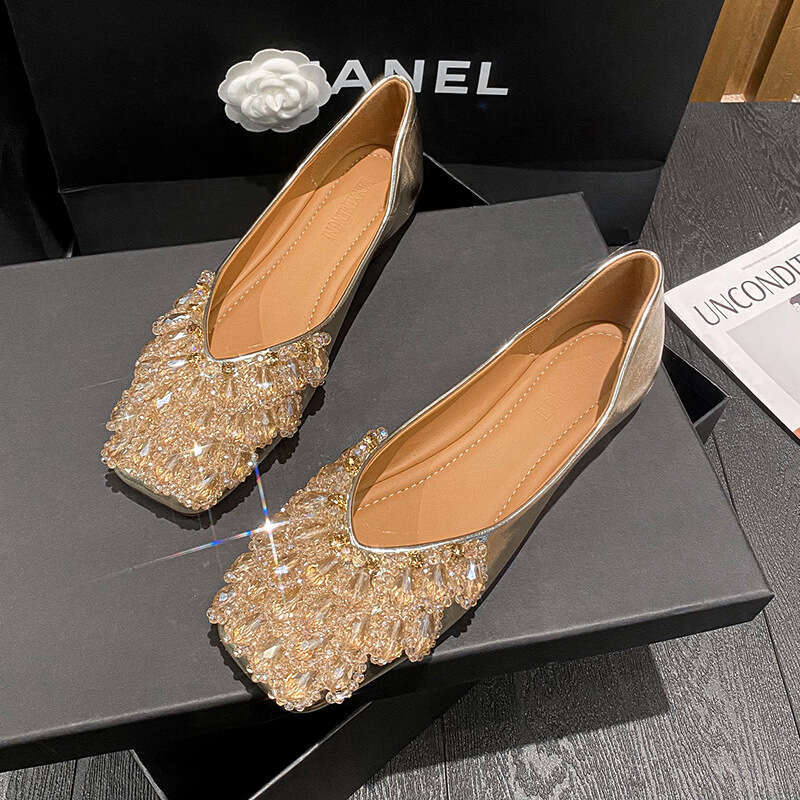 Soft Sole Loafers 2023 New Spring Crystal Wedding Flat Rhinestone Moccasins Large Size Women's Shoes 41 to 43