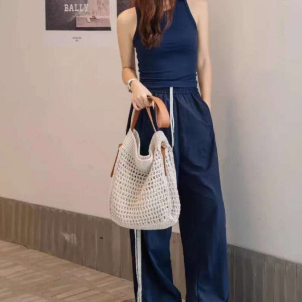 Straw Beach Tote Wax Line Splicing Cowhide Woven New Simple Large Capacity Shoulder Handbag Beach Vacation Hollow Out Bag Crossbody Bag