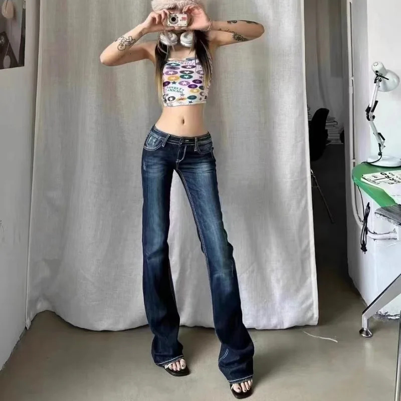 Blue Low Rise Flare Jeans Vintage 2000s Slim-fitting Denim Pants Korean Style Women Trousers y 2 k Distressed Mom 90s 250527