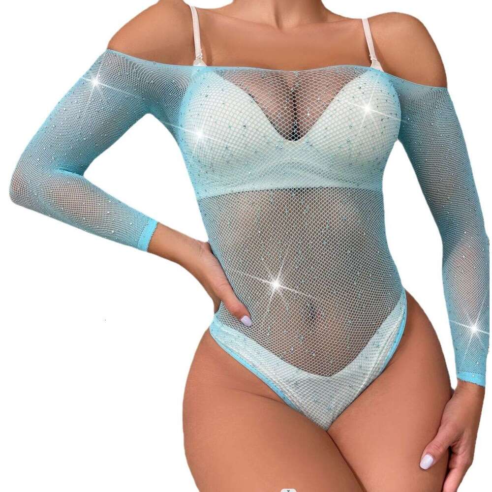 Spell Lingerie Porn Suits TZ Women S Rhinestone Shiny Sexy Lingerie Long Sleeve Small Mesh Role Play Jumpsuit Sexy Lingerie