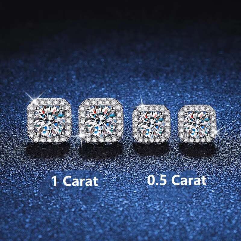 Wholesale square Shape Iced Out Grade D Moissanite Earrings 925 Sterling Silver 0.5ct 1ct Moissanite Stud Earrings for Women