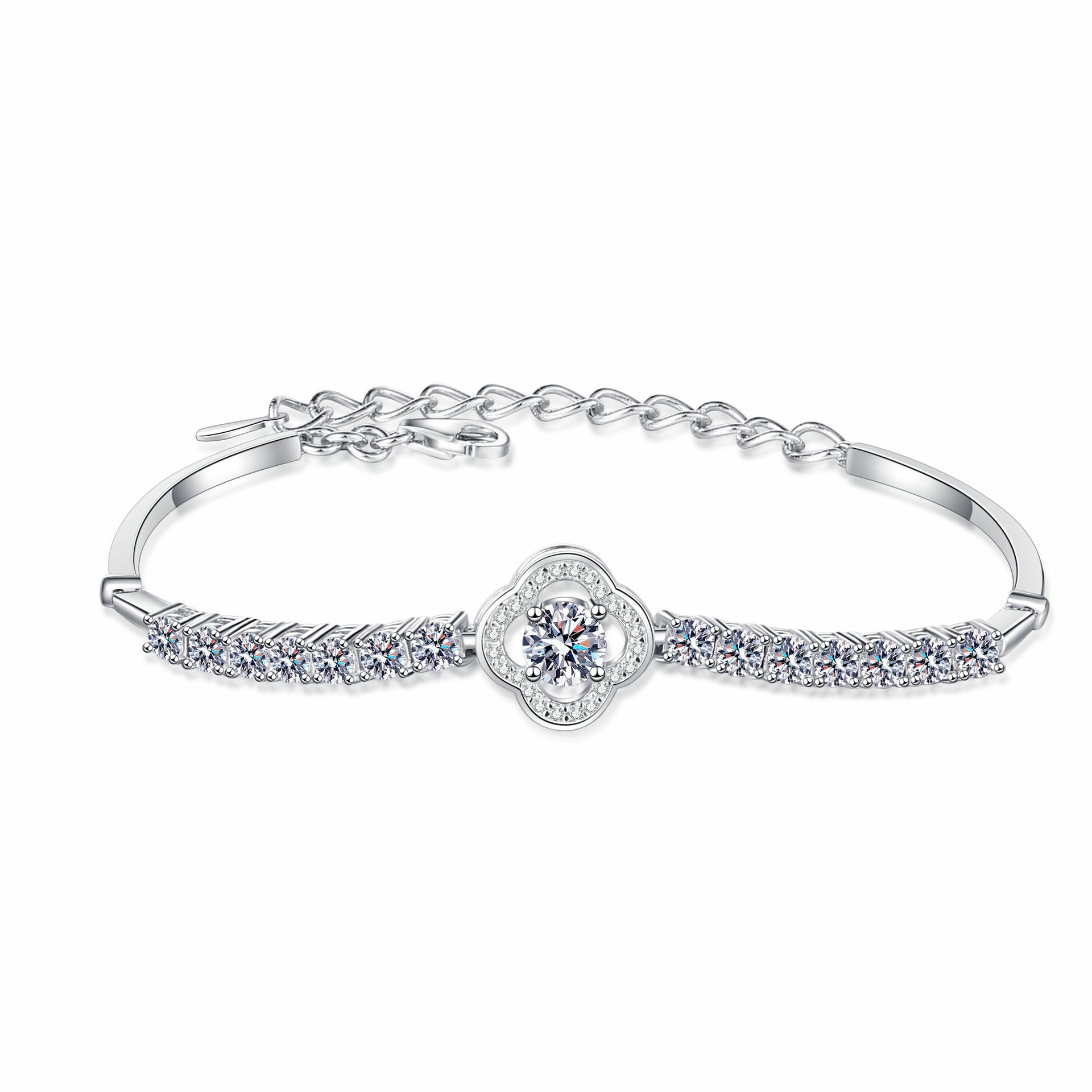 925 Sterling Silver Moissanite Four-Leaf Clover Bracelet with CZ Crystals, Adjustable Chain, Elegant and Timeless Jewelry for Women