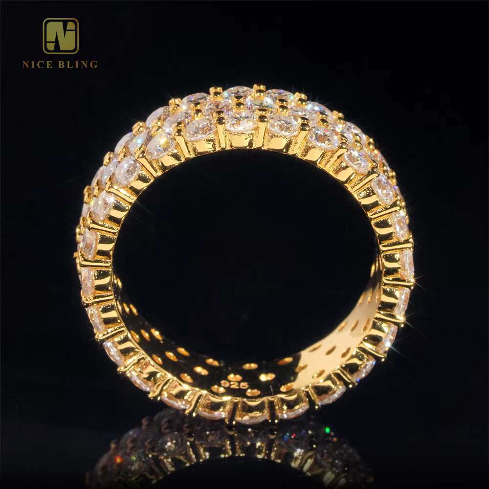 GRA Certificate 925 Sterling Silver Gold Plated Hip Hop Jewelry New Style 3row Stone VVS Diamond Moissanite Hip Hop Ring