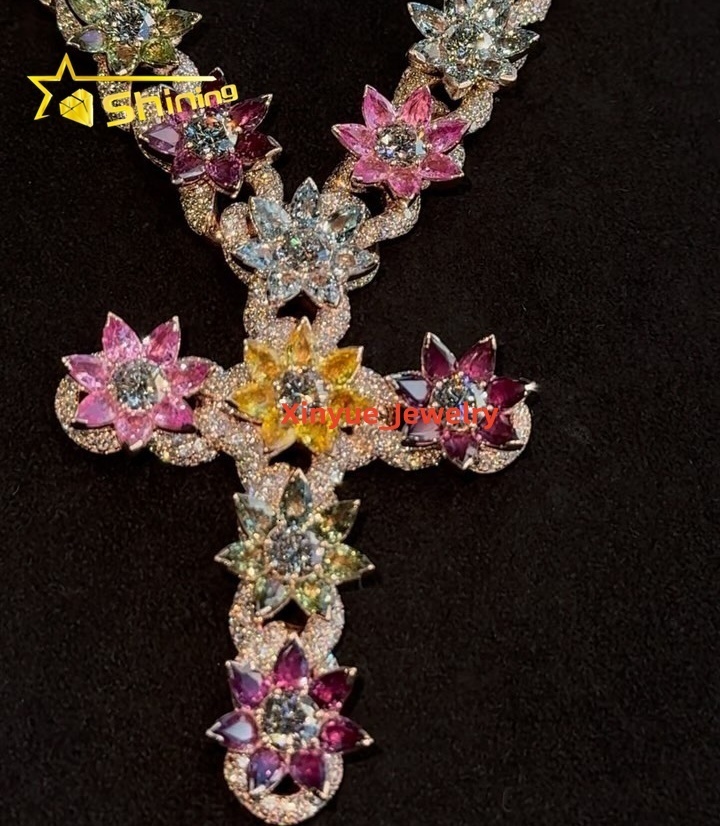 High End Jewelry Manufacturer Custom Moissanite Pendant Flower 3D Design Rose Gold Custom Cross Pendant Necklace