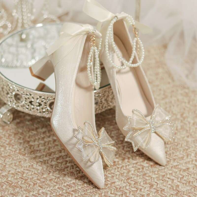 High Heels 2025 Summer New Style High-end Pointed Toe Bowknot Wedding Rhinestone Beaded Shallow Mouth Single Shoes for Women