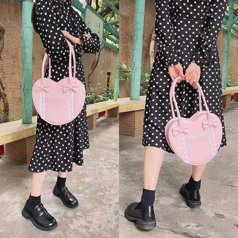 Lolita Heart Shaped Handbag For Women Japanese Kawaii Shoulder Bowknot Purses And Handbags Girls Satchel Bag Totes