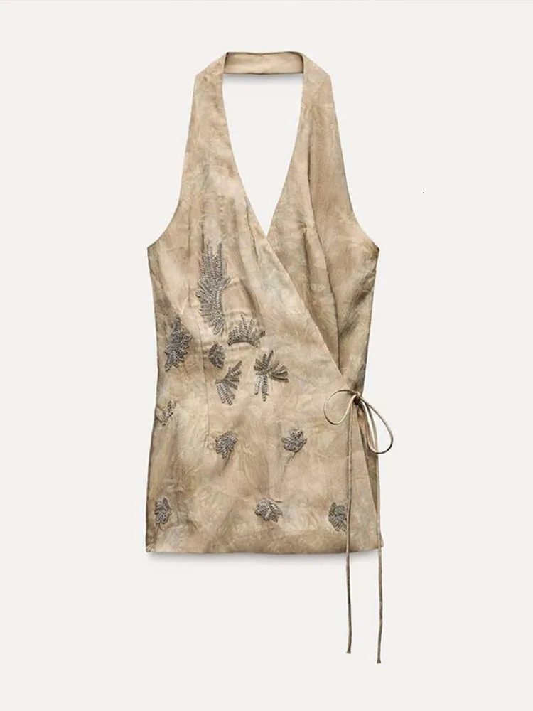 Vintage Beading Vest Pants Set Women Sleeveless V-neck Lace Up Top Print Straight Loose Trousers Summer Chic Wide Leg Suit 250527